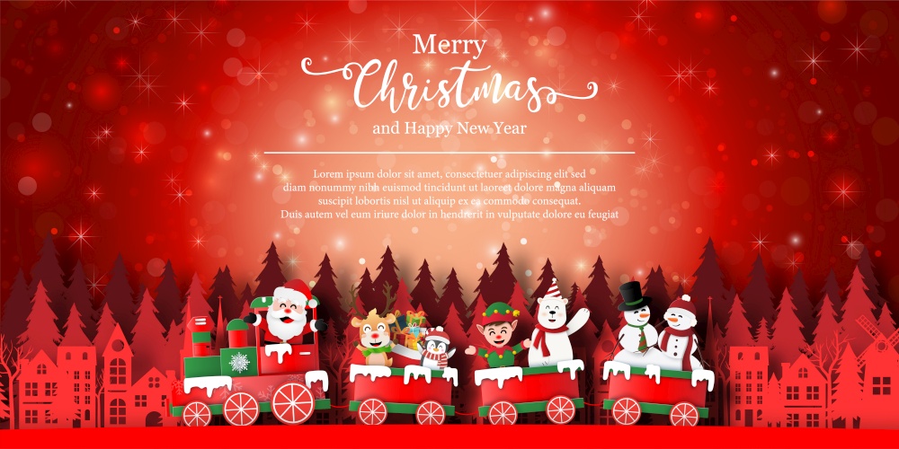 Merry Christmas and Happy New Year, Background banner of Santa Claus and friend on a train in town