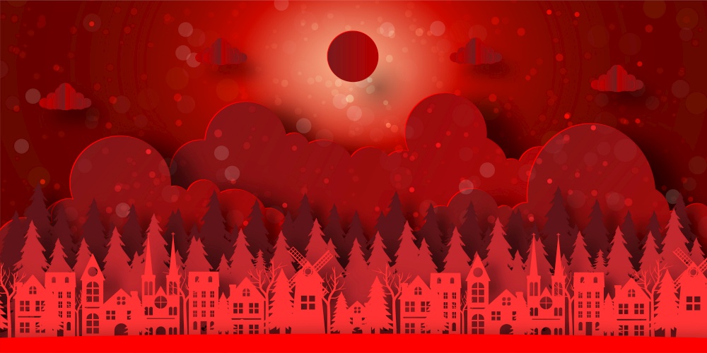 Merry Christmas and Happy New Year, Red background banner of town with pine forest