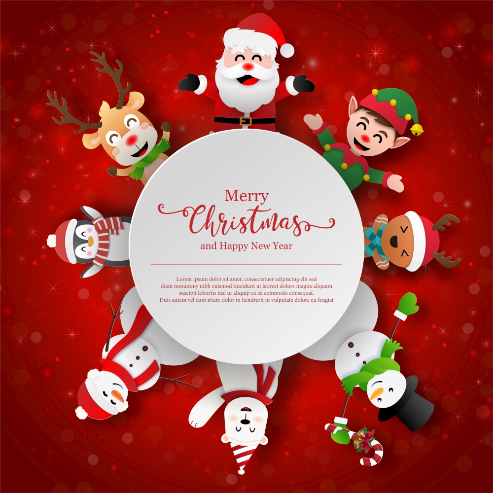 Paper art Christmas themed, Santa Claus and friends with copy space, Merry Christmas and Happy New Year