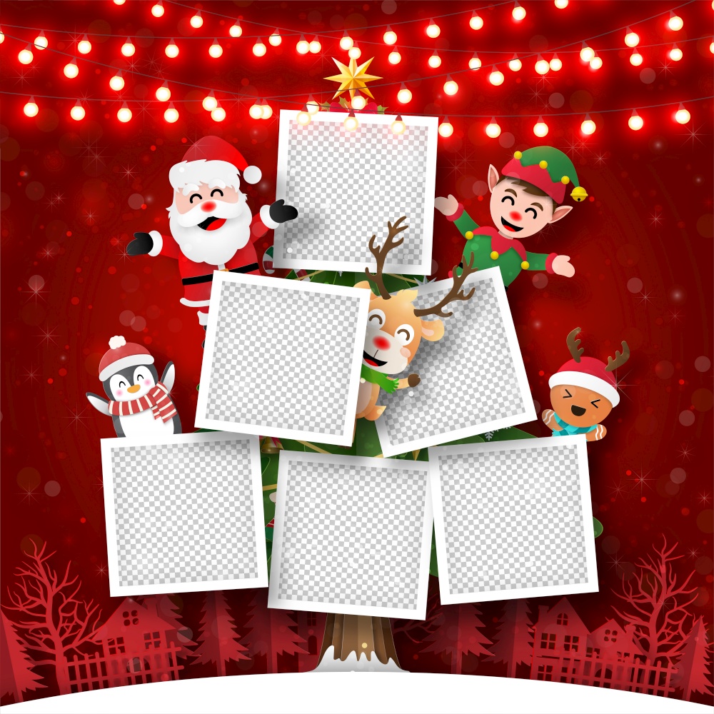 Merry Christmas and Happy New Year, Christmas postcard of photo frame on Christmas tree with Santa Claus and friends, Paper art style