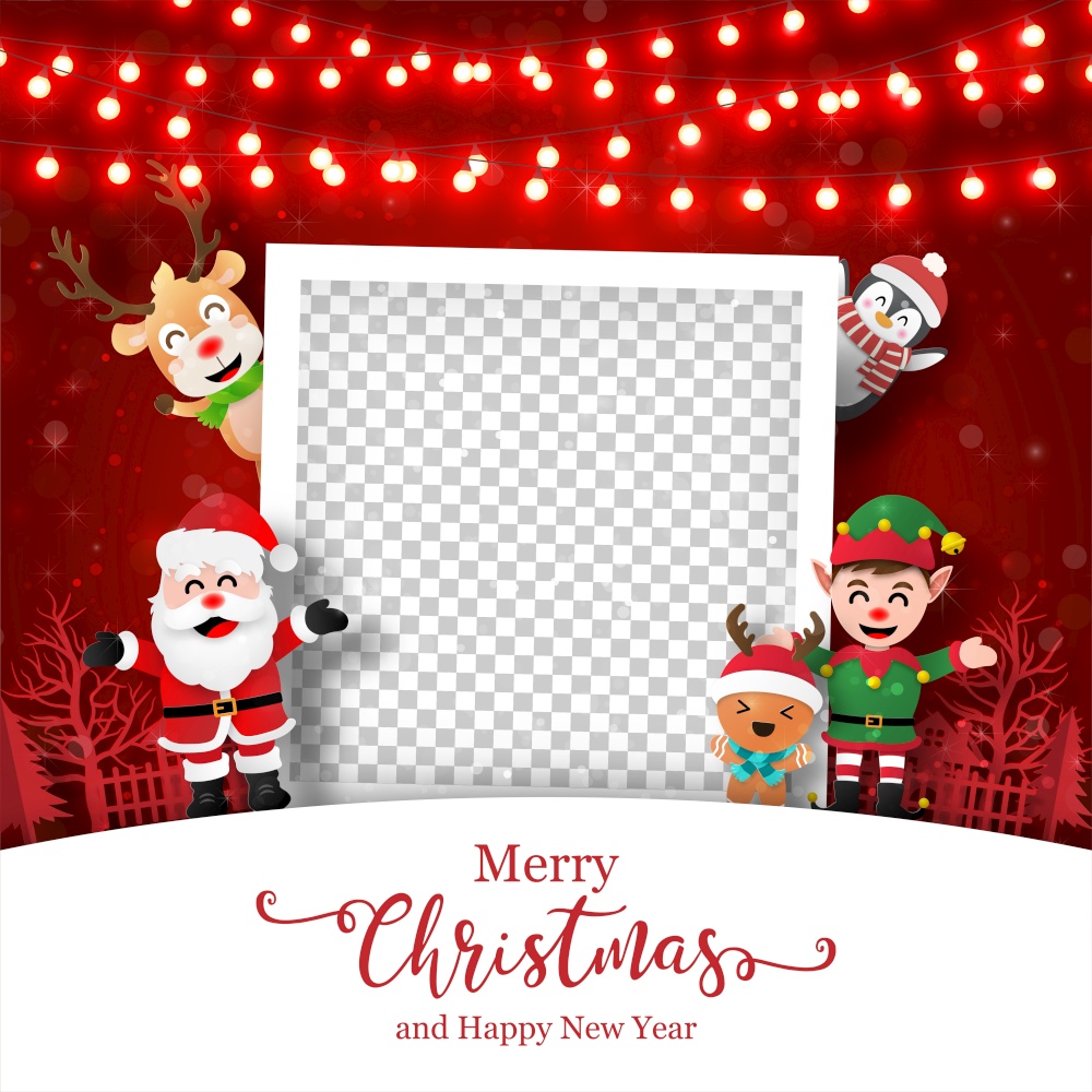 Merry Christmas and Happy New Year, Christmas postcard of photo frame with Santa Claus and friends, Paper art style