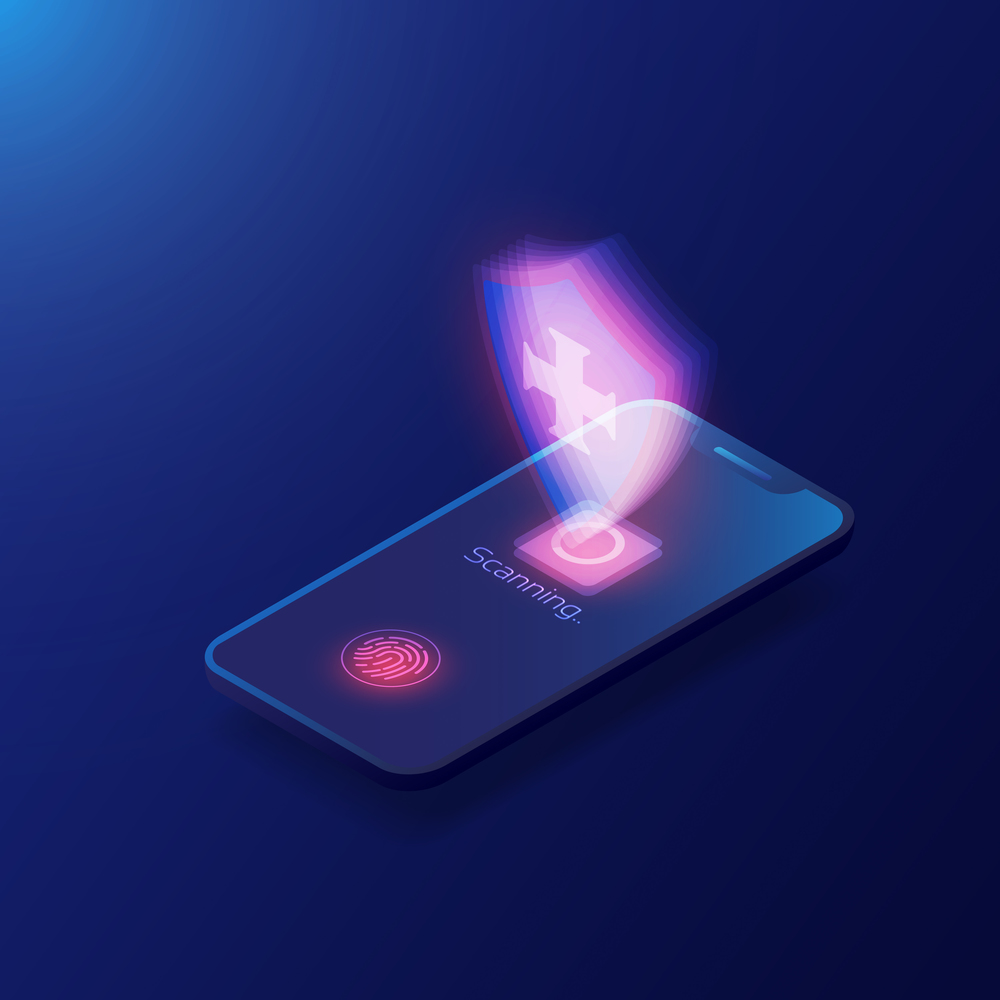 Fingerprint identity sensor, unlock smartphone, isometric illustration