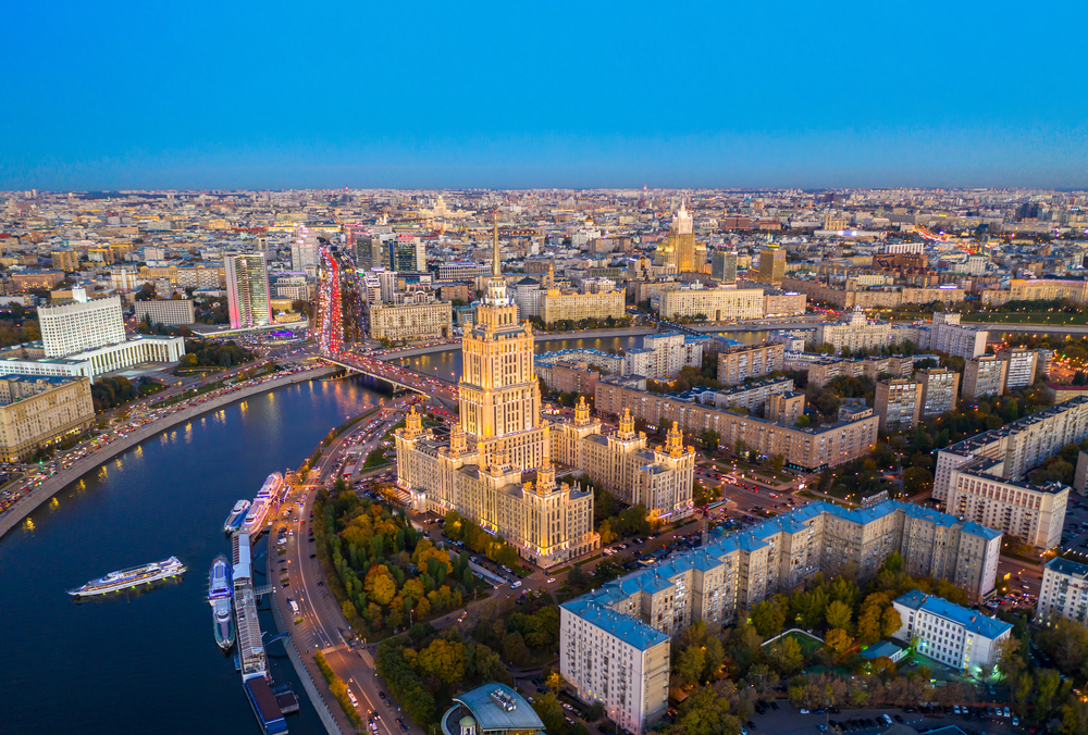 Moscow City with Moscow River in Russian Federation, Moscow skyline with the historical architecture skyscraper, Aerial view, Russia.