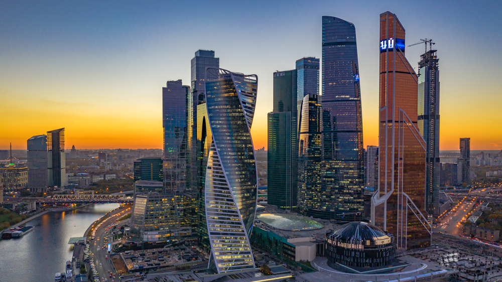 Moscow city skyline aerial view, Moscow International Business and Financial Center at sunset with Moscow river, Russia.
