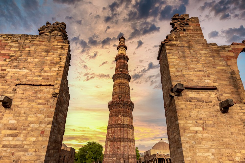 Qutub Minar New Delhi, India, The tallest minaret in India is a marble and red sandstone tower that represents the beginning of Muslim rule in the country, New Delhi, India.