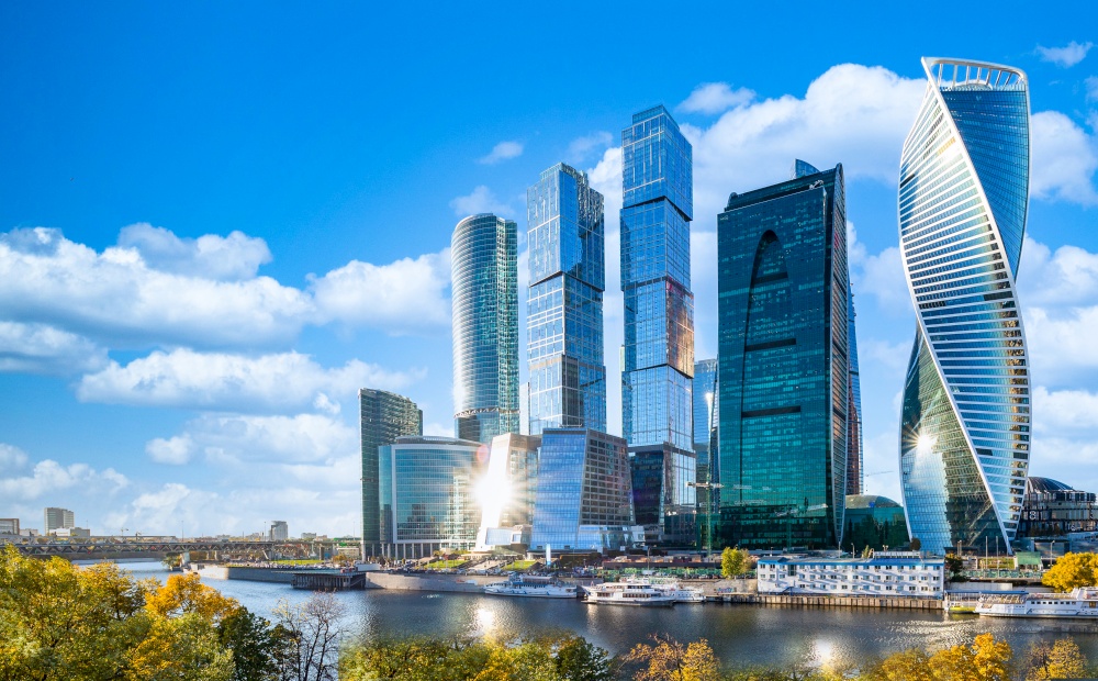 Moscow City district and Moscow river, Moscow City modern architecture skyline and skycraper Moscow International Business Centre at day time blue sky background with Moskva river.