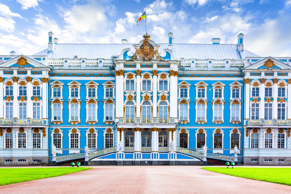 The Catherine Palace Baroque style architecture blue white and gold gamma located in the town of Tsarskoye Selo, Pushkin, St. Petersburg, Russia