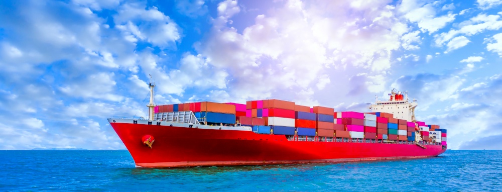 Container cargo ship, Freight shipping maritime vessel, Global business import export commerce trade logistic and transportation oversea worldwide by container cargo ship boat in the open sea.