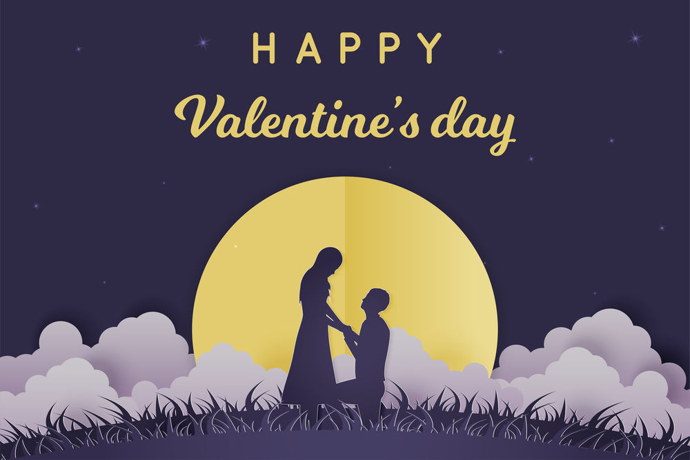 Illustration Young couple dating in Valentine day , Man kneeling to propose married to woman at night with full moon and cloud , romantic . star on the sky . Paper Sculpture art Style , Vector