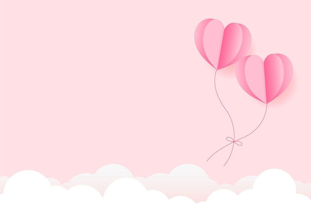 Paper Hearts Float and Red Yarn tied together Soulmate Poster with copy space on pink sky with cloud background. Vector Illustration, Valentine's Day Poster
