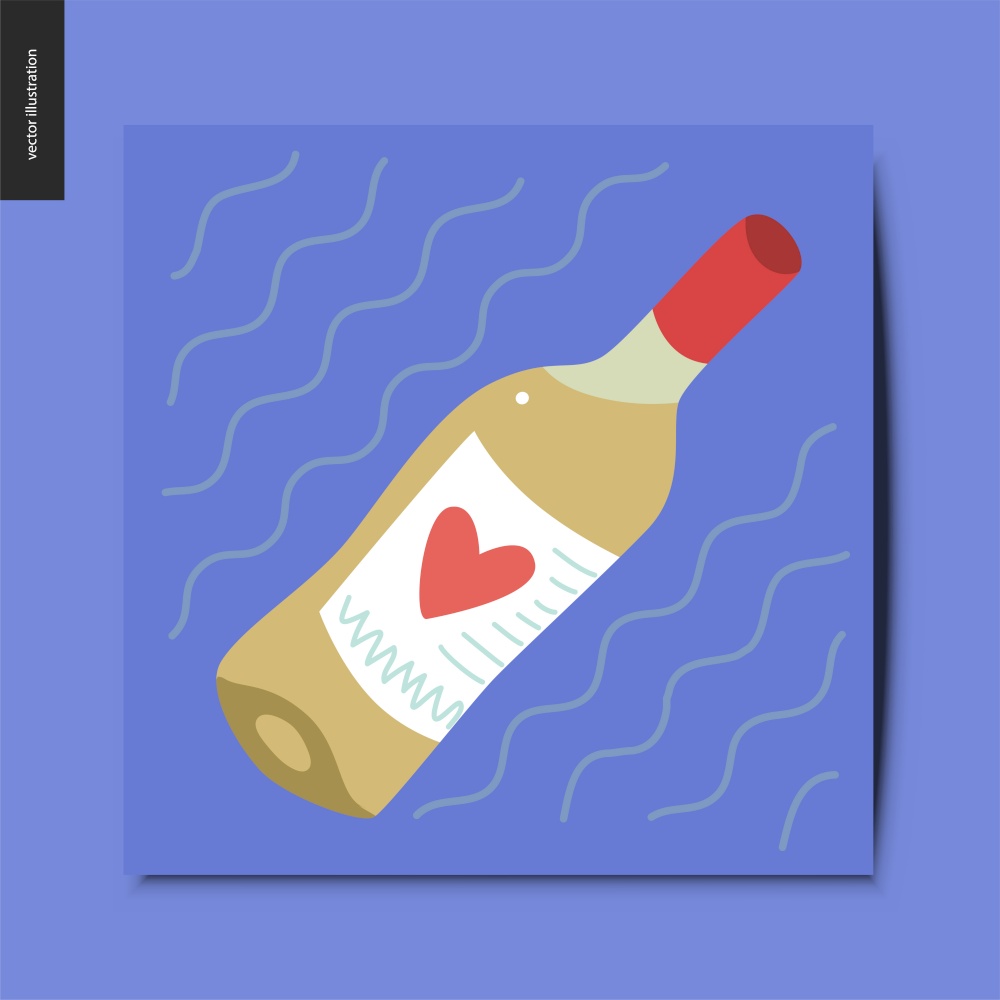 Simple things - a bottle of white wine with a heart on its label, postcard, vector illustration. Simple things - white wine