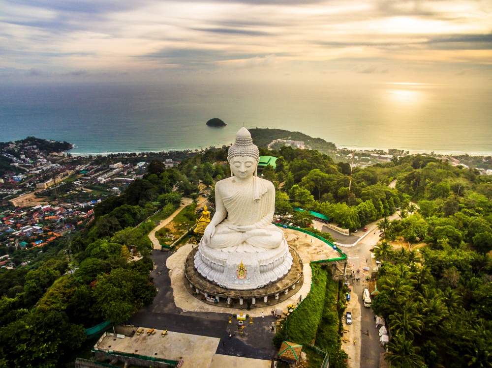 Golden Big buddha statue Aerial view Phuket Thailand
