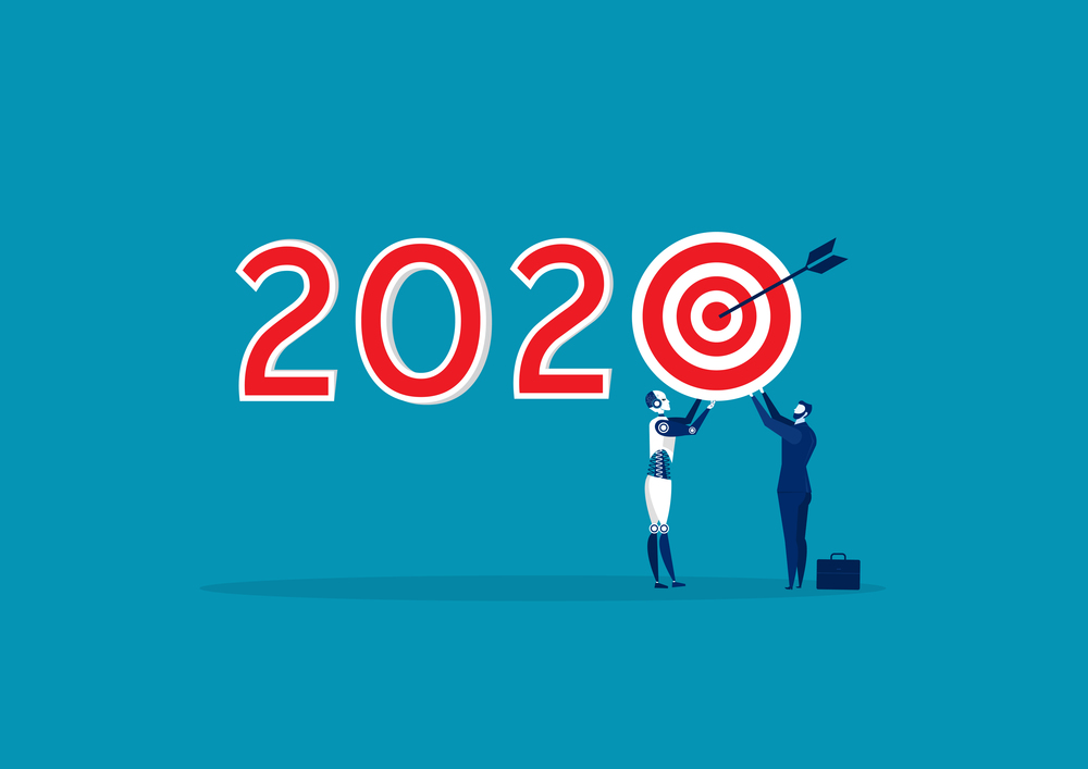 business holding target 2020 New Year symbol design. on blue background.