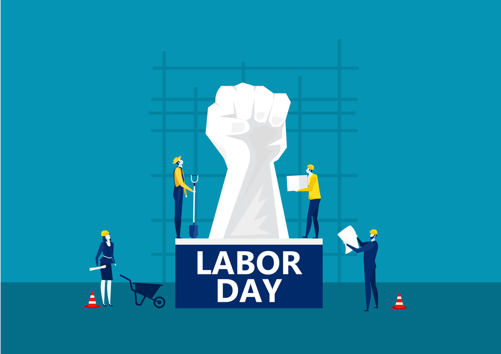 people Labor Day card on city construction background