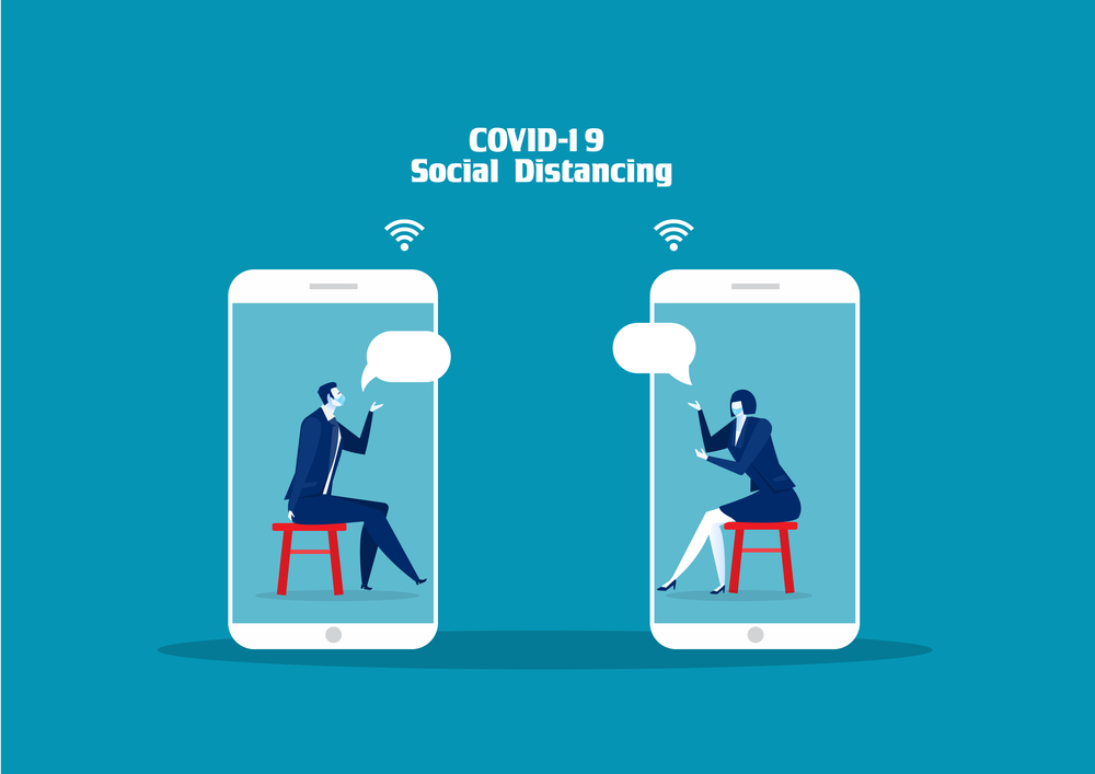 Social distancing on laptop phone for protect from covid-19