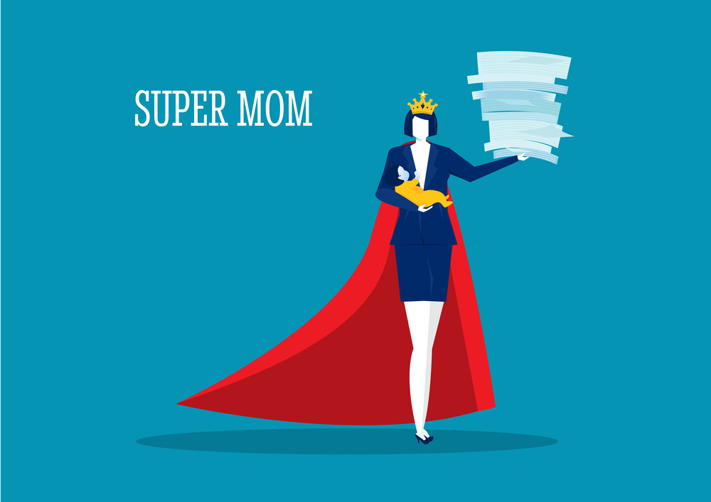 Hero woman mother doing office work and homework alone. super mom vector