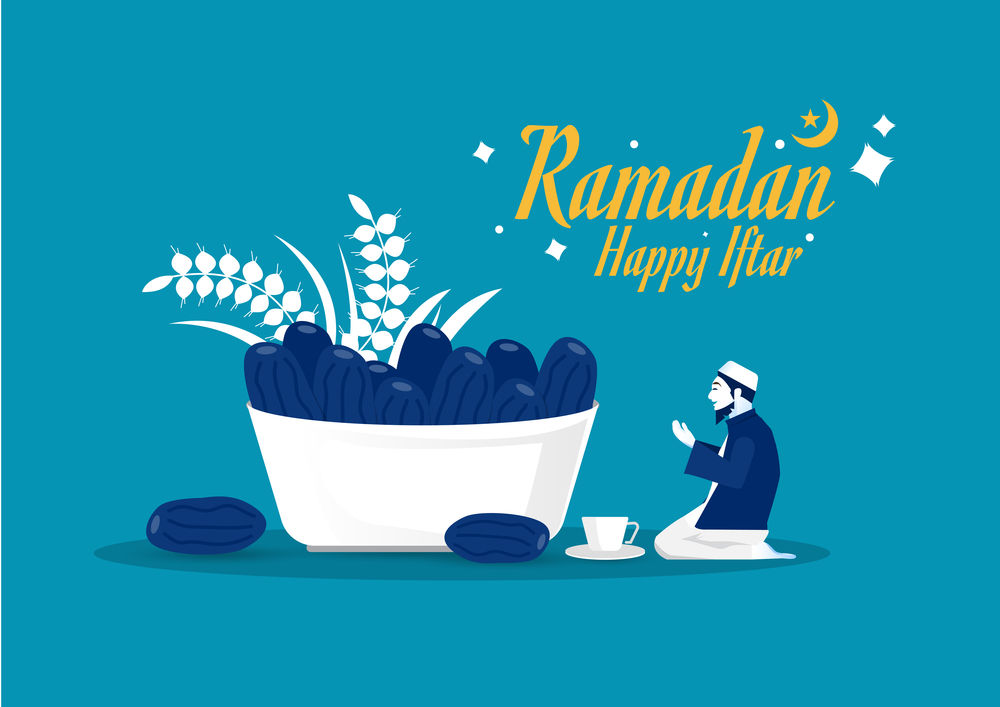 Ramadan Kareem, Iftar with illustration of Muslim Men