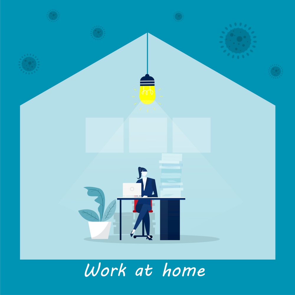 A woman with a computer works from home. Stay at home, vector concept.