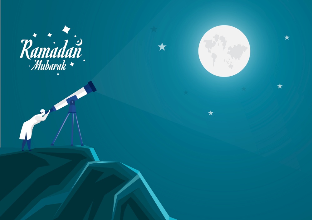Muslim man looking sky with telescope to predict when ramadhan begin