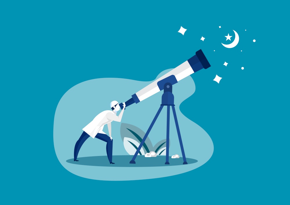 Muslim man looking sky with telescope to predict when ramadhan begin illustrator
