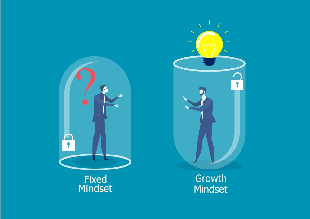 Two businessman different thinking between Fixed Mindset vs Growth Mindset success concept