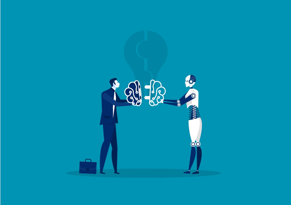 Businessmen and robot connect brain idea. Vector illustration