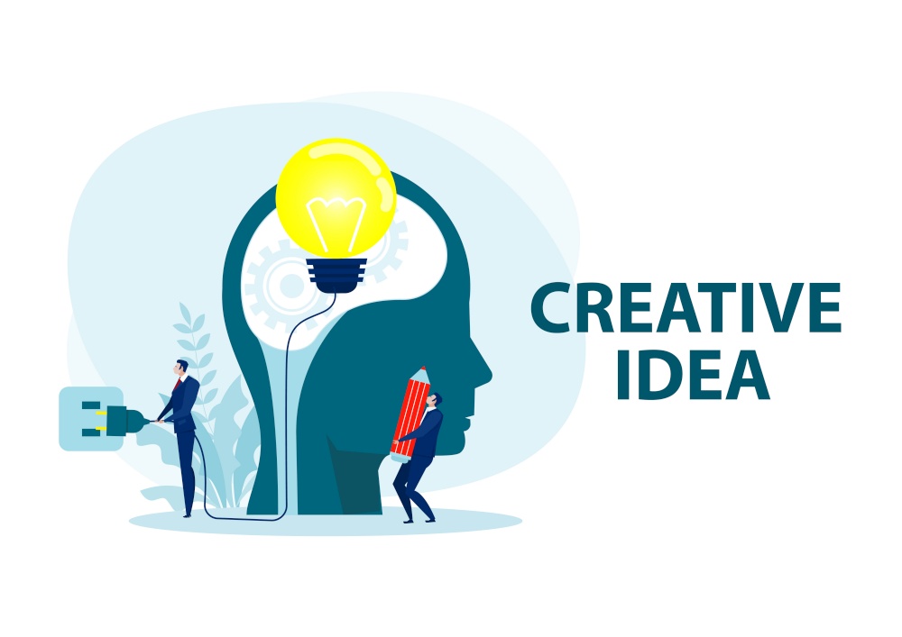 businessman Creative idea concept. Light bulb with power plug in human head. Vector illustration