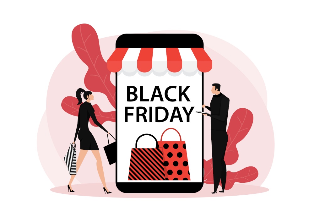 black friday shop,woman and man shop online stor service, promo purchase marketing illustration