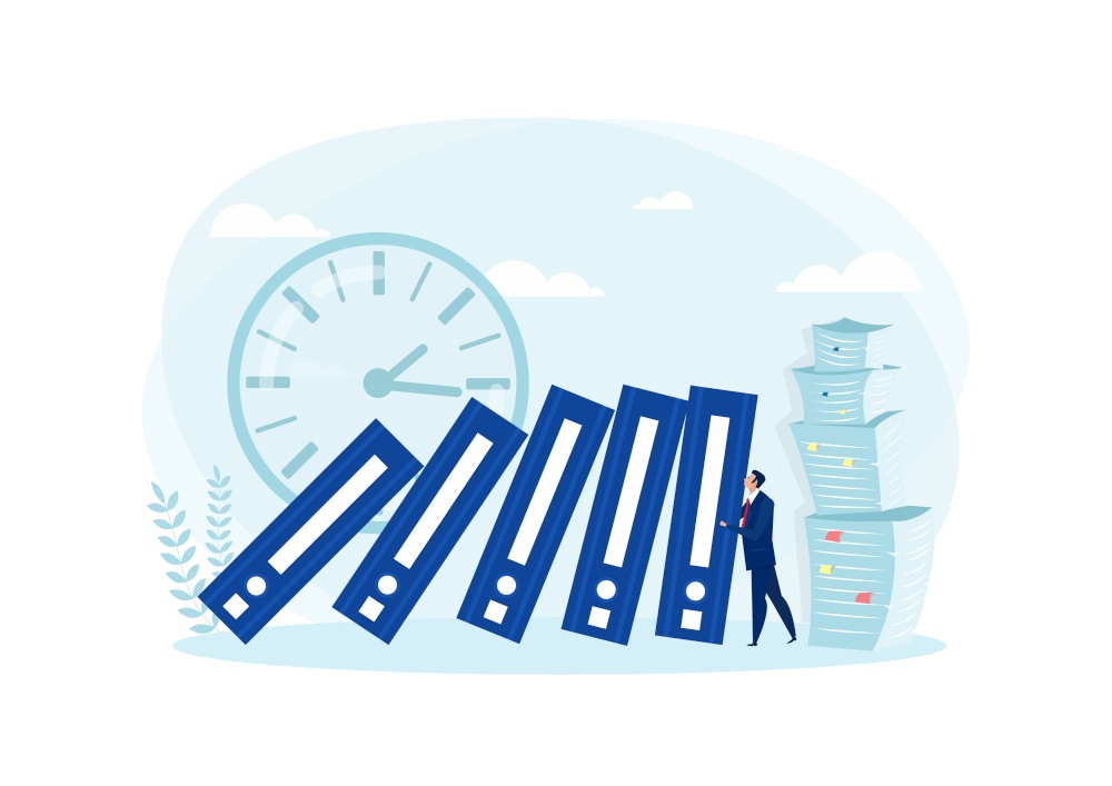 business man pushing big file. Business hard work Concept. Vector illustration in flat style.