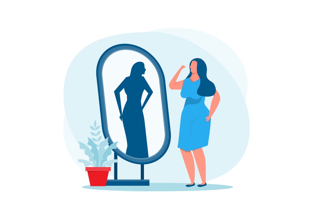 fat lady in blue dress looking at mirror fit reflection. Vector isolated illustration