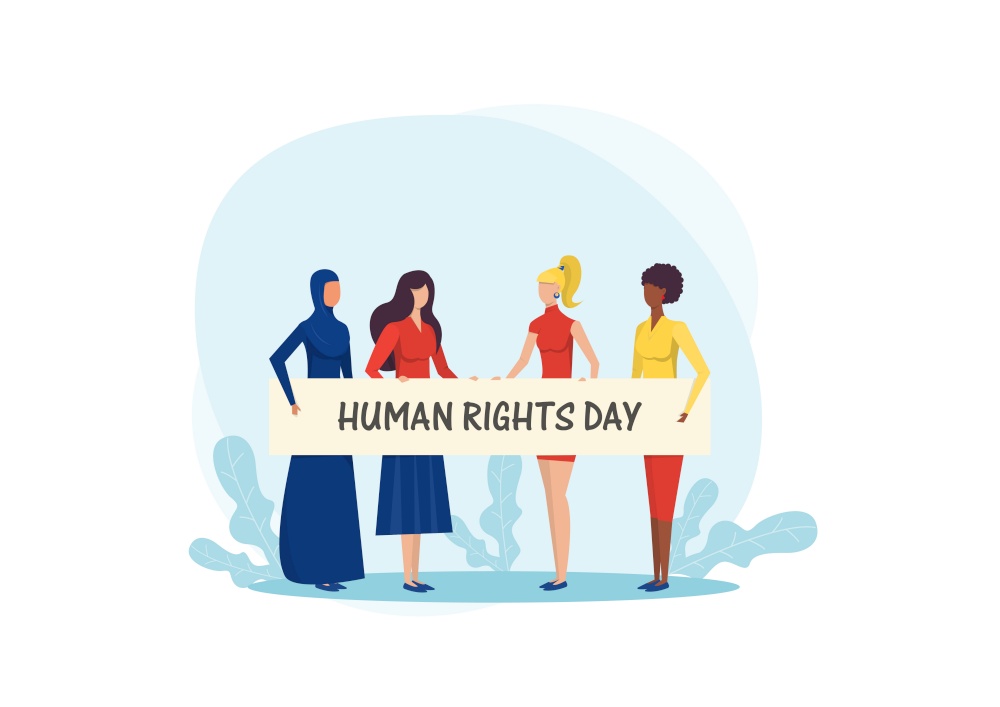 Girls holding banner. Fight for freedom on international human rights day vector illustrator. vector