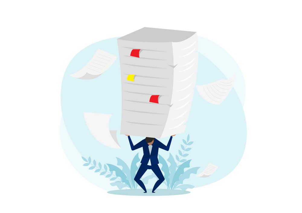 Hard work concept,Businessman In Suit Bent Over Carrying A Stack Of Documents On His Back Vector.