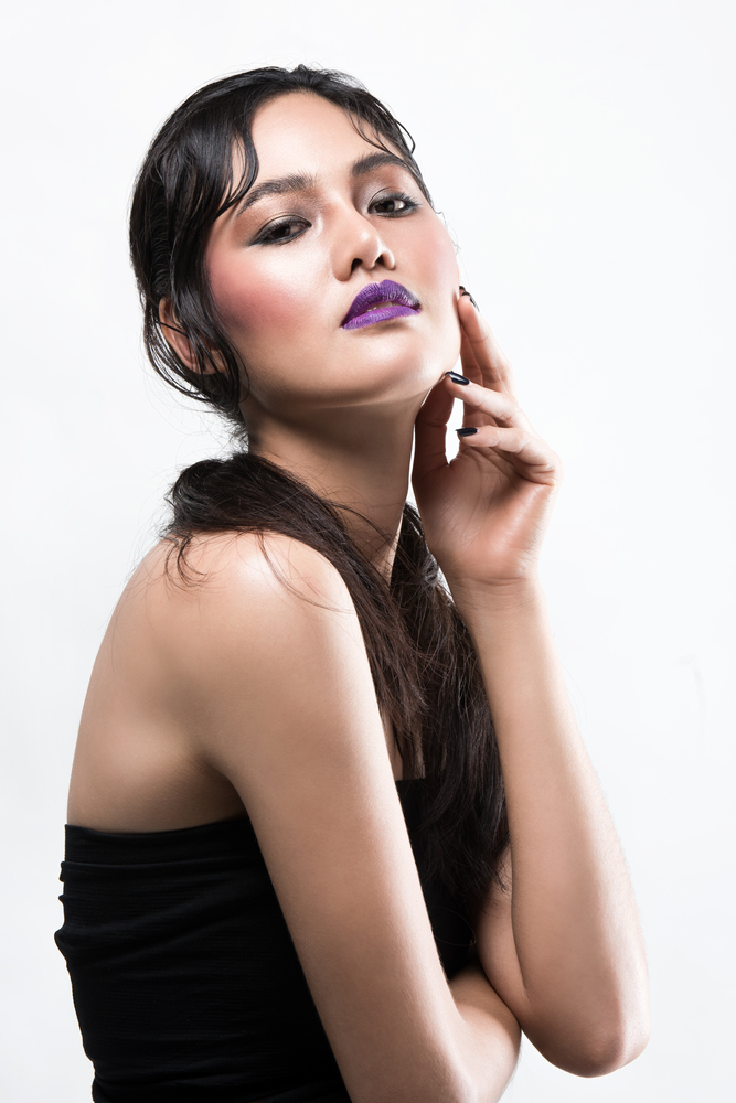 Beauty Woman Face Make Up and Hands Skincare, Model black hair and nail purple lip Isolated on White Background