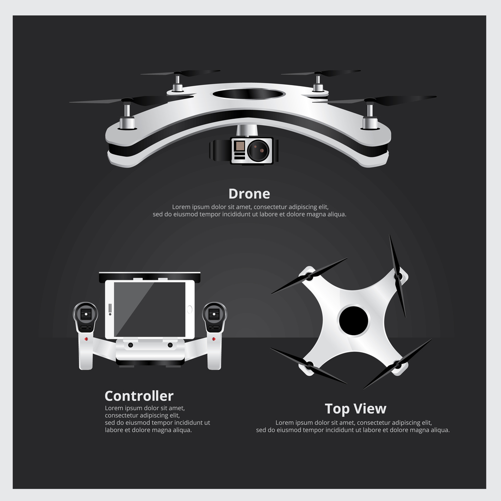 Drone Front and Top View with controller and camera Vector Illustration