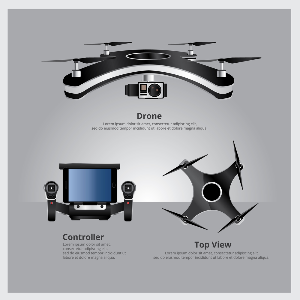 Drone Front and Top View with controller and camera Vector Illustration