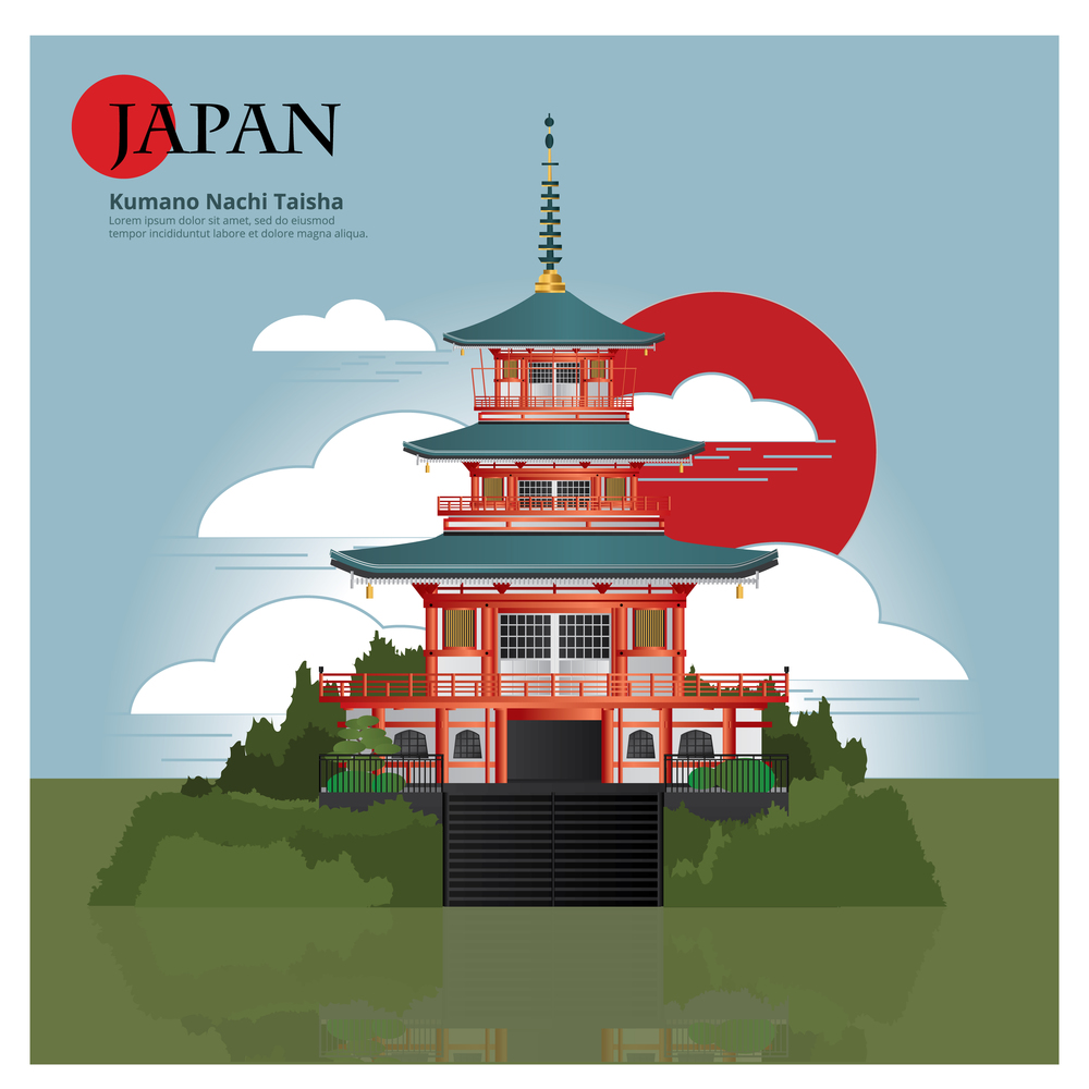 Kumano Nachi Taisha Japan Landmark and Travel Attractions Vector Illustration