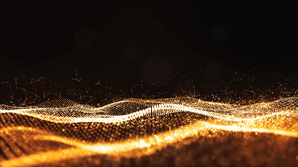 Digital particles gold color wave flow abstract background