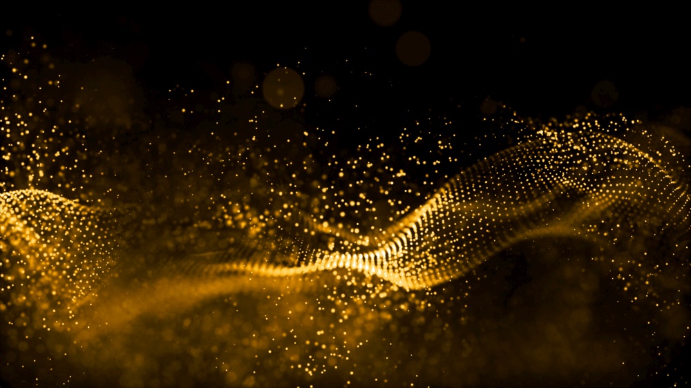 Gold color digital particles wave flow abstract technology background concept