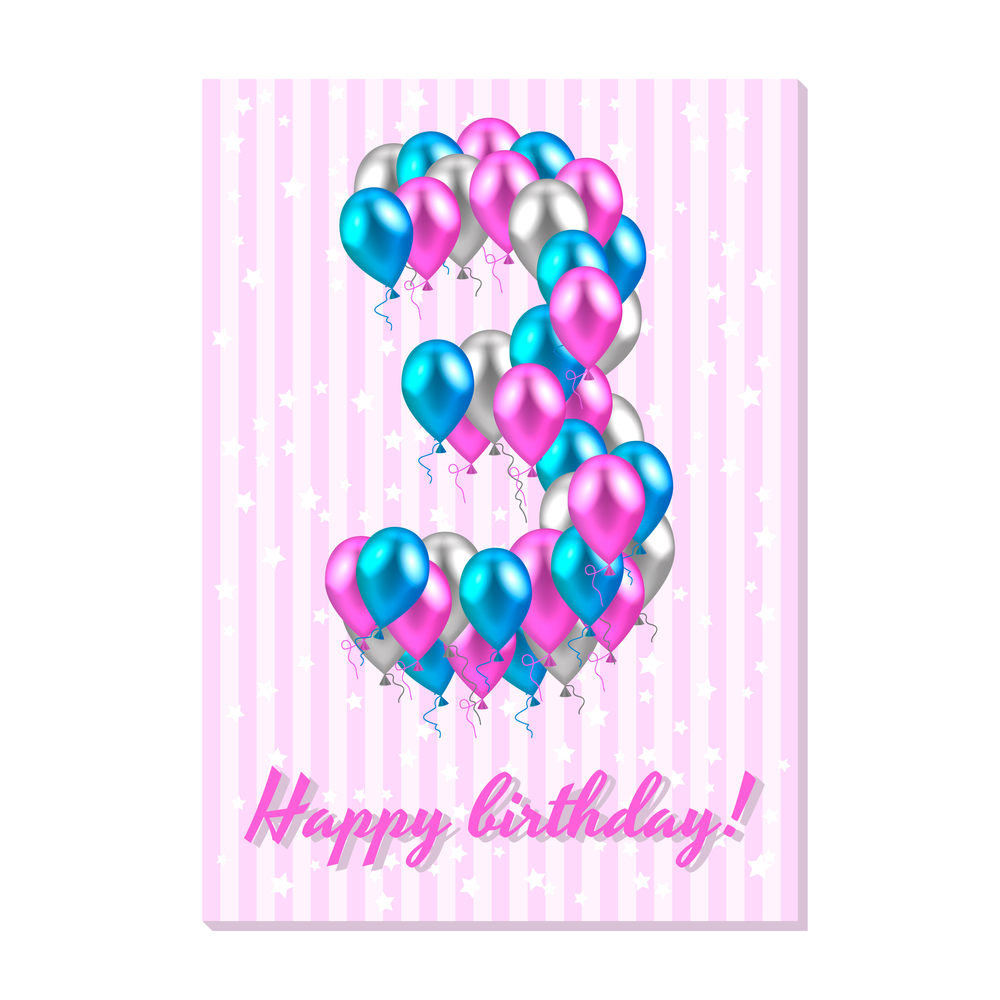 vector illustration. realistic colored balloons on the third birthday. pink, silver, blue. Pink stripe greeting card with white stars.