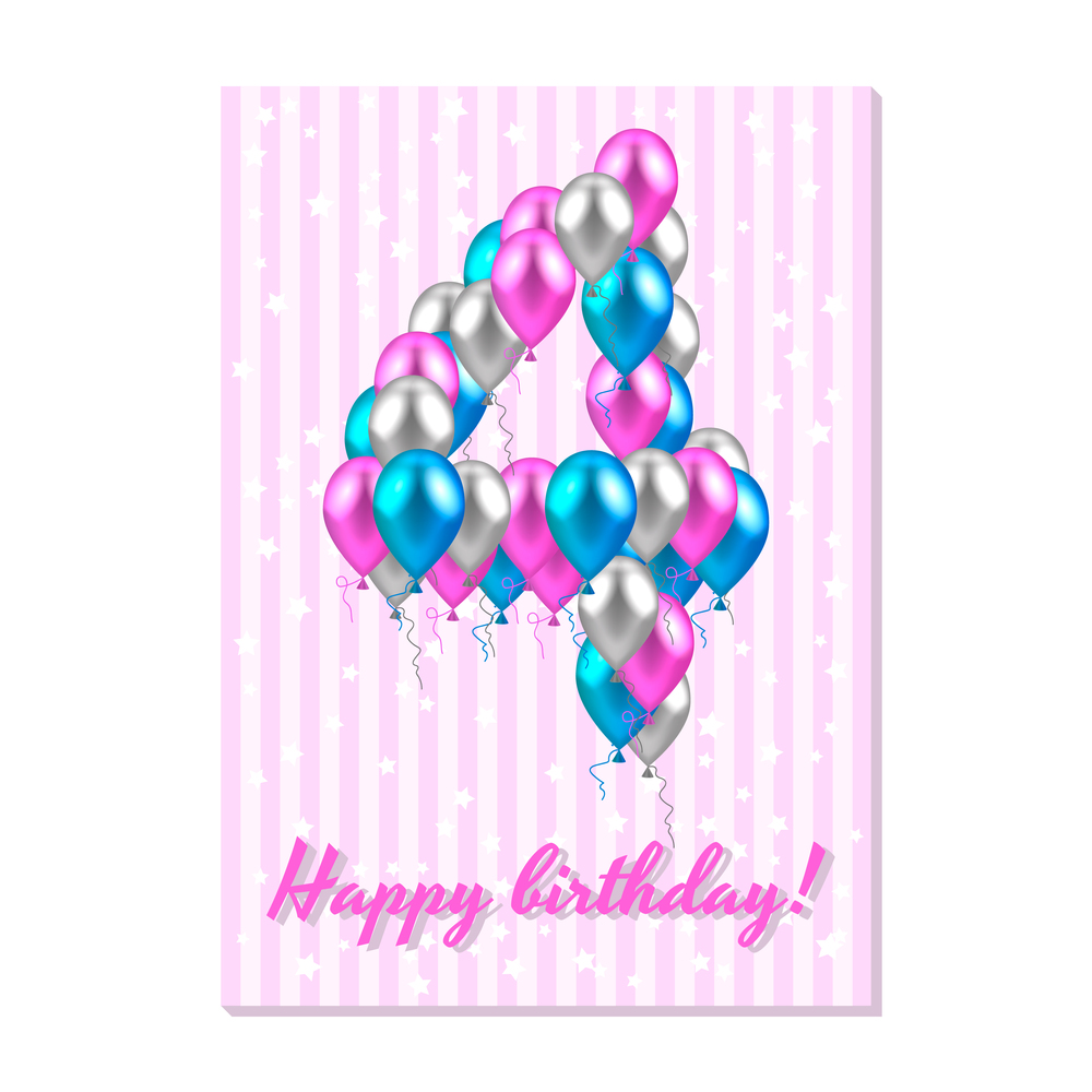 vector illustration. realistic colored balloons on the fifth birthday. pink, silver, blue. Pink stripe greeting card with white stars.