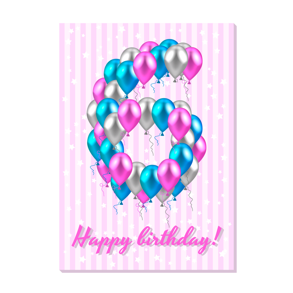 vector illustration. realistic colored balloons on the sixth birthday. pink, silver, blue. Pink stripe greeting card with white stars.