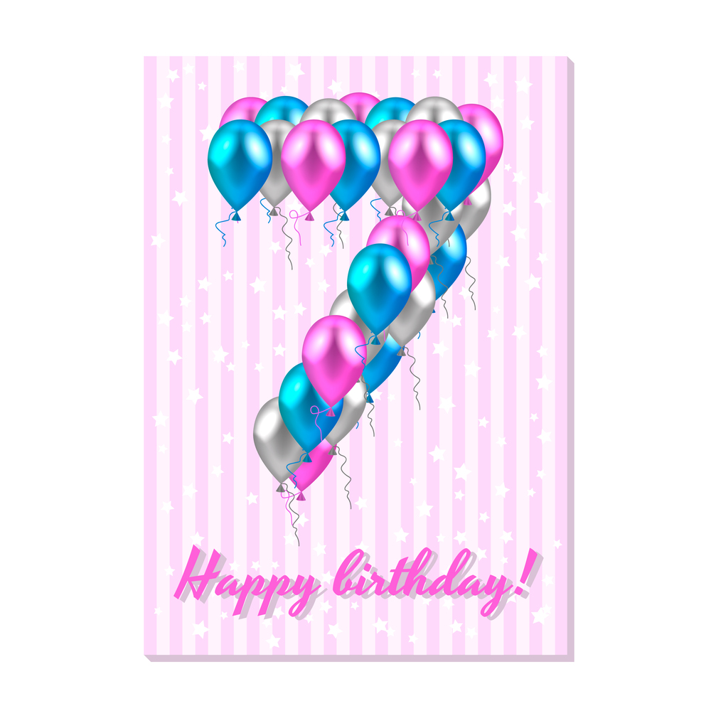vector illustration. realistic colored balloons on the seventh birthday. pink, silver, blue. Pink stripe greeting card with white stars.