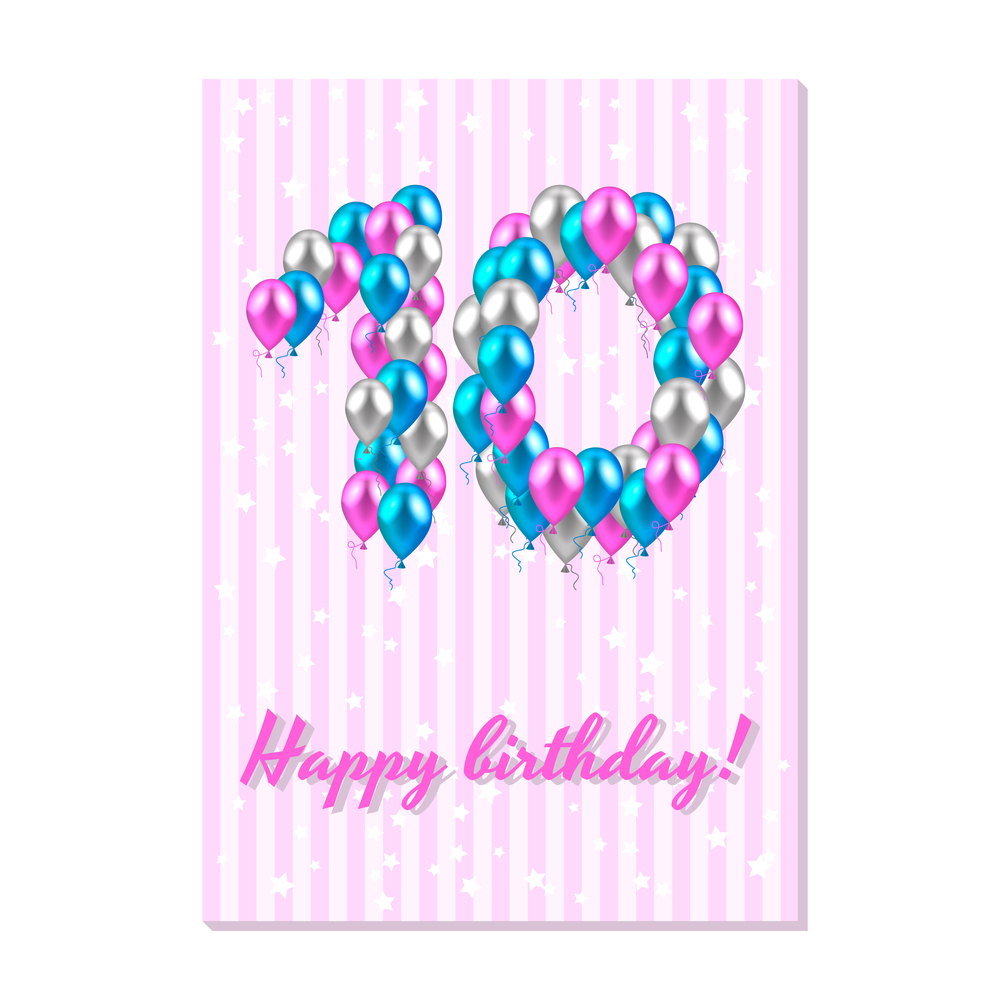 vector illustration. realistic colored balloons on the tenth birthday. pink, silver, blue. Pink stripe greeting card with white stars.