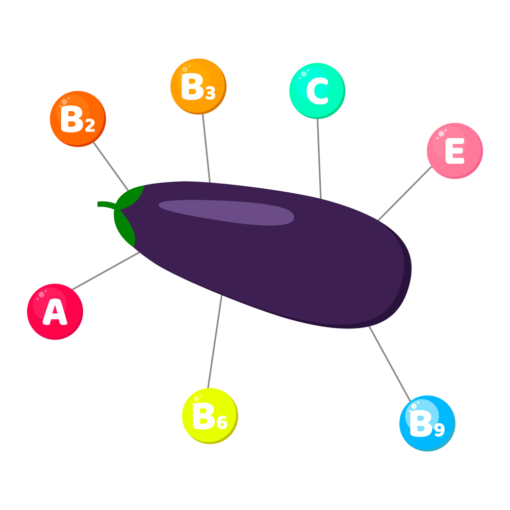 Vector illustration. Infographics. vitamins contained in vegetables. trace elements in colored circles. Eggplant