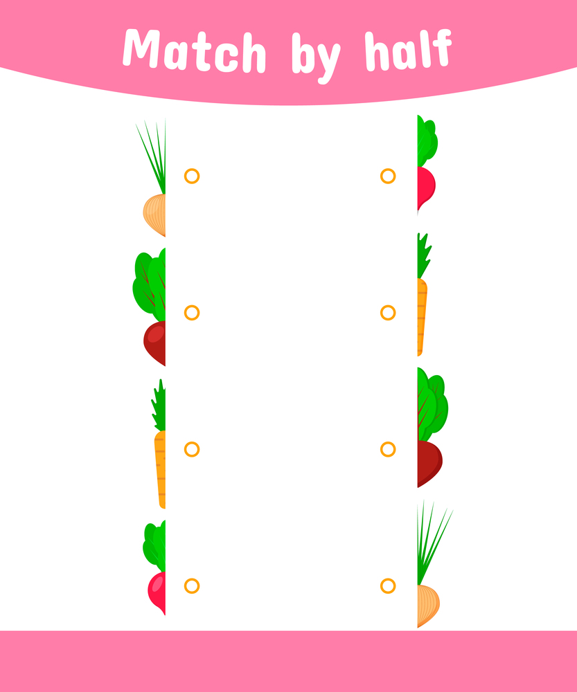 vector illustration. Matching game for children. Connect the halves of the vegetable. onions, beets, carrots, radishes