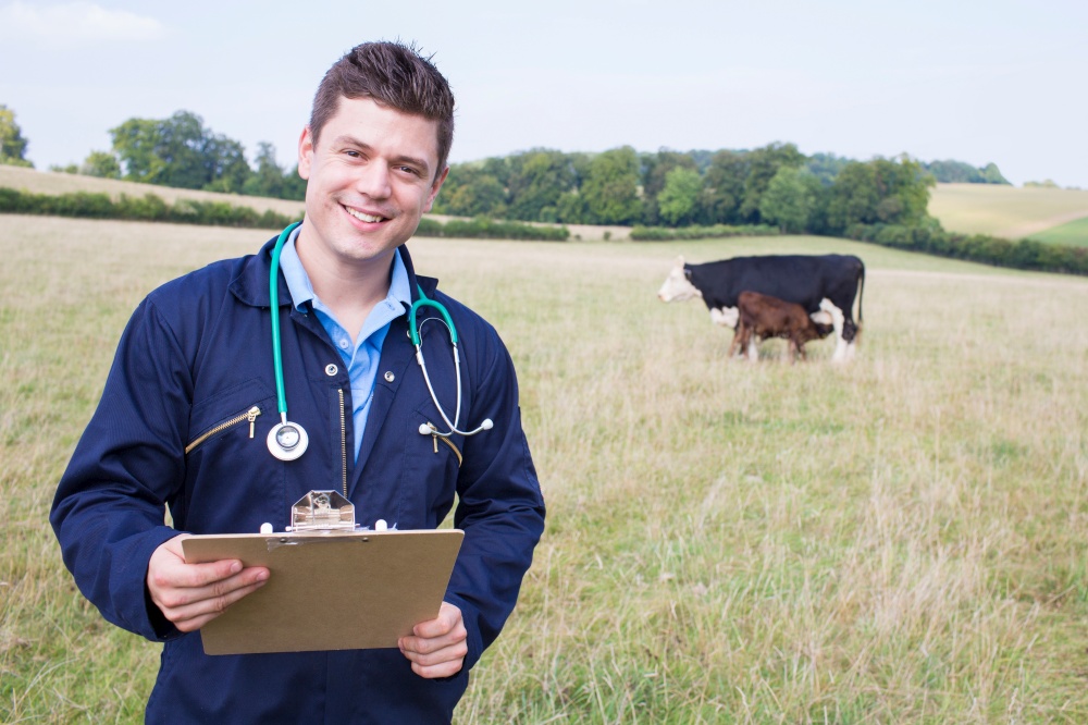 Portrait Of Vet In Field With Cattle In Background