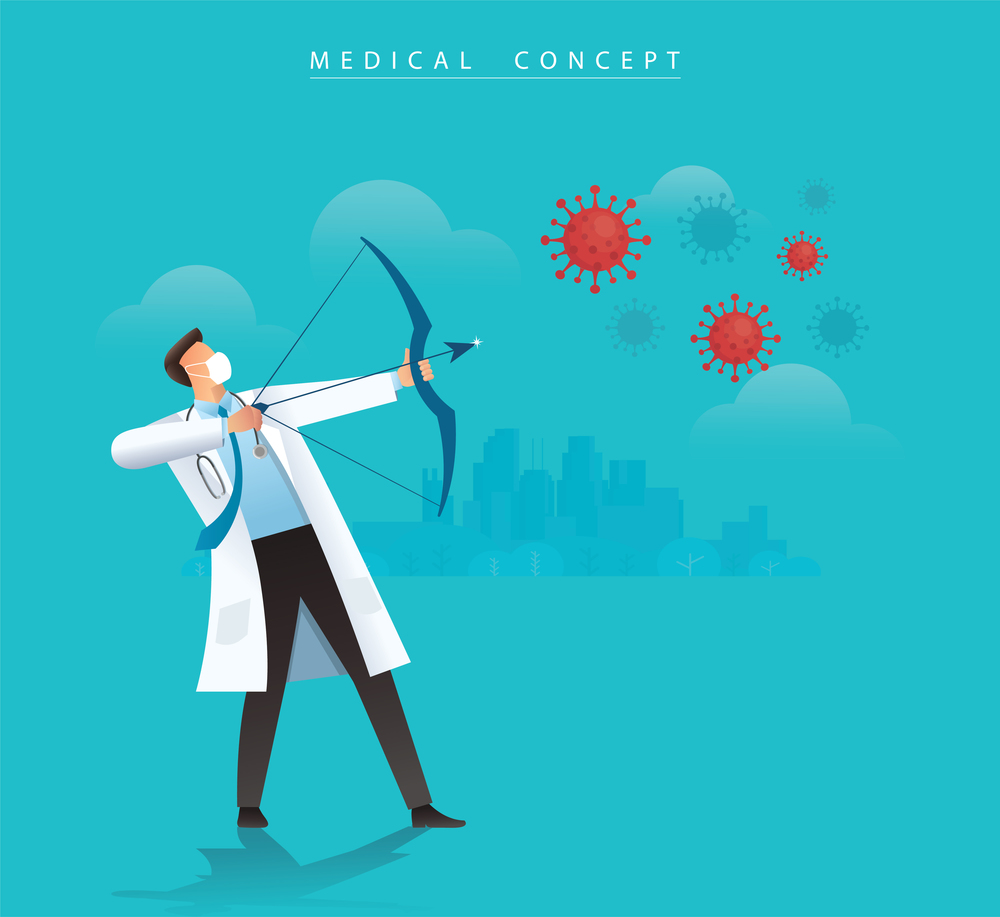 doctor with bow aiming the Coronavirus Covid-19 vector illustration EPS10