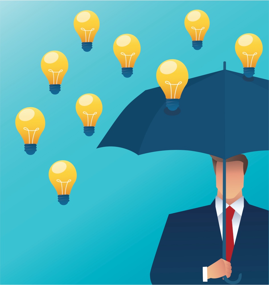 man holding an umbrella and light bulb falling from the sky. creative concept. vector illustration
