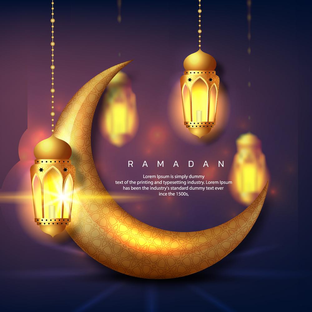 Ramadan Kareem greeting card design. Golden crescent moon with Arabic calligraphy Translation of text 'Ramadan Kareem ' And hanging Ramadan lanterns.  Islamic celebration.
