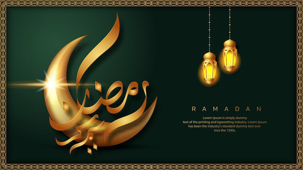 Ramadan Kareem greeting card design. Golden crescent moon with Arabic calligraphy Translation of text 'Ramadan Kareem ' And hanging Ramadan lanterns.  Islamic celebration.